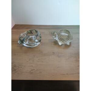Lot Of 2 Vintage Glass Sleeping Cat & Turtle Votive Candle Holder Clear